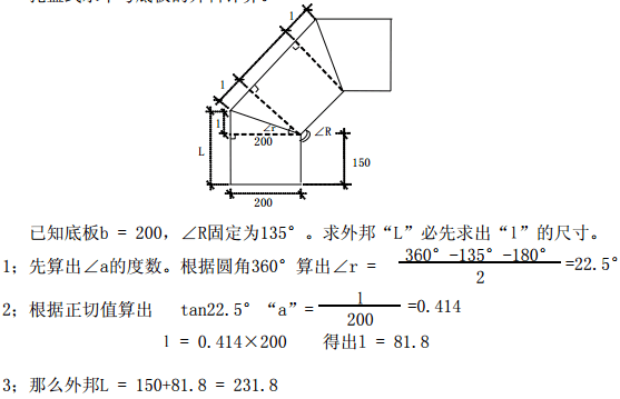 如何用三角函數(shù)計算橋架彎頭制作公式(圖3) 托盤式水平彎底板開料計算